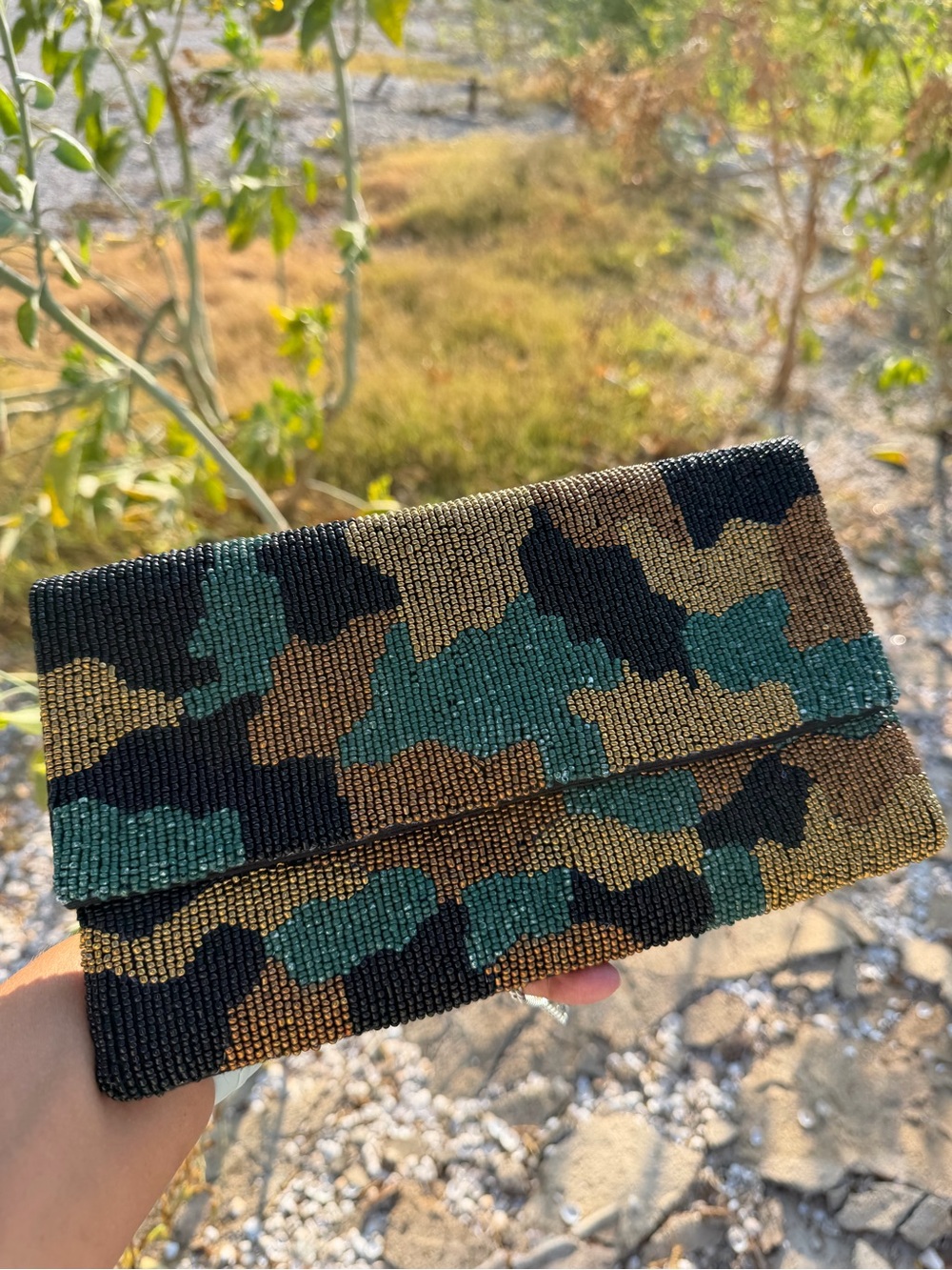 Beaded Camouflage Envelope Clutch - Green & Black